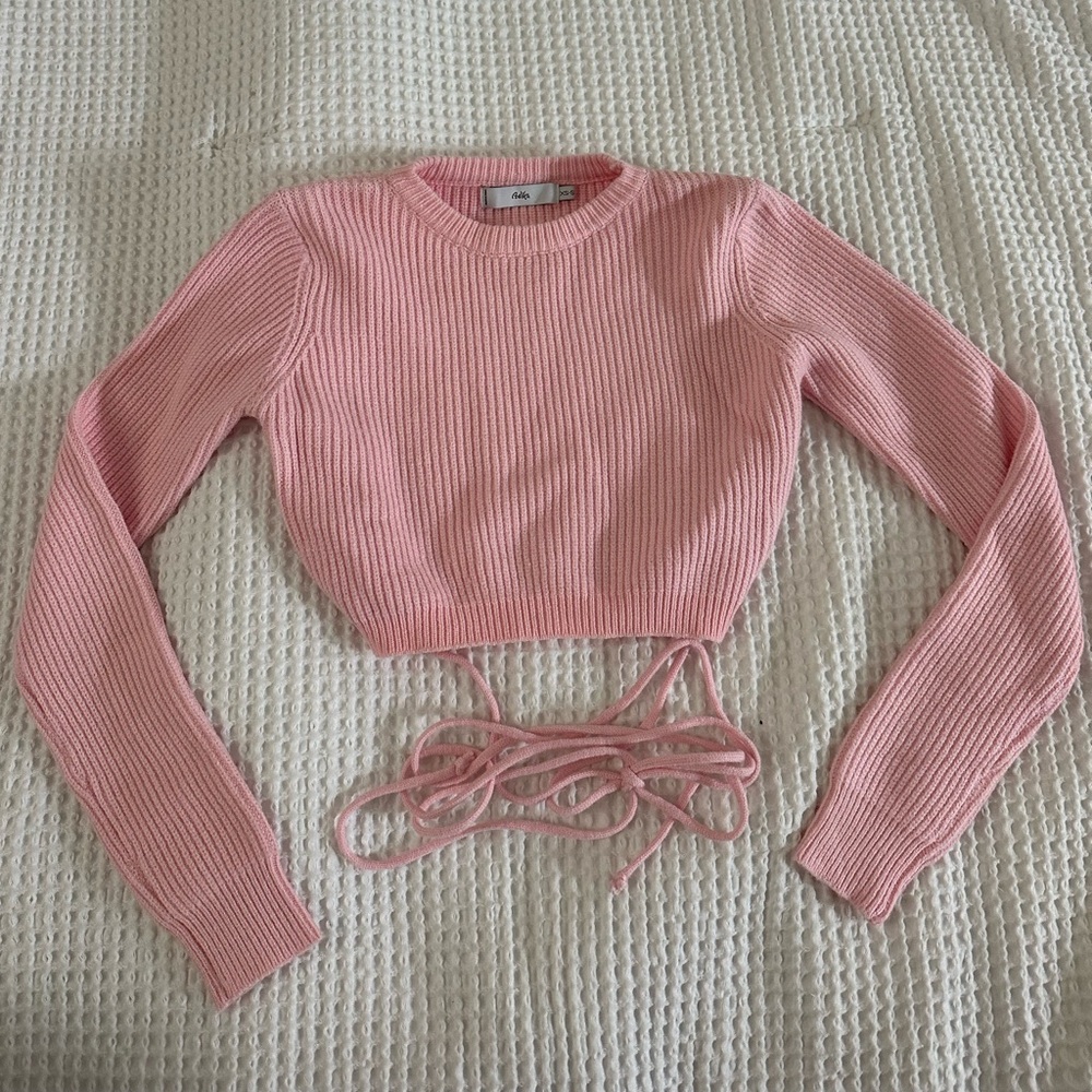 Adika Pink Ribbed Long Sleeve Crop Top with Tie-Back